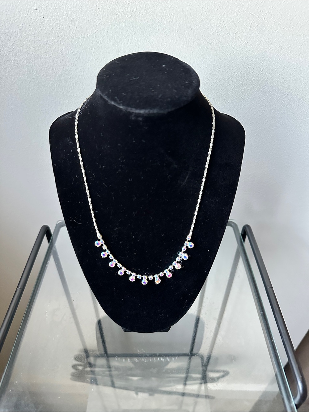 Y2K Iridescent Rhinestone Necklace AB Crystal Drop Silver Party Glam Sparkle